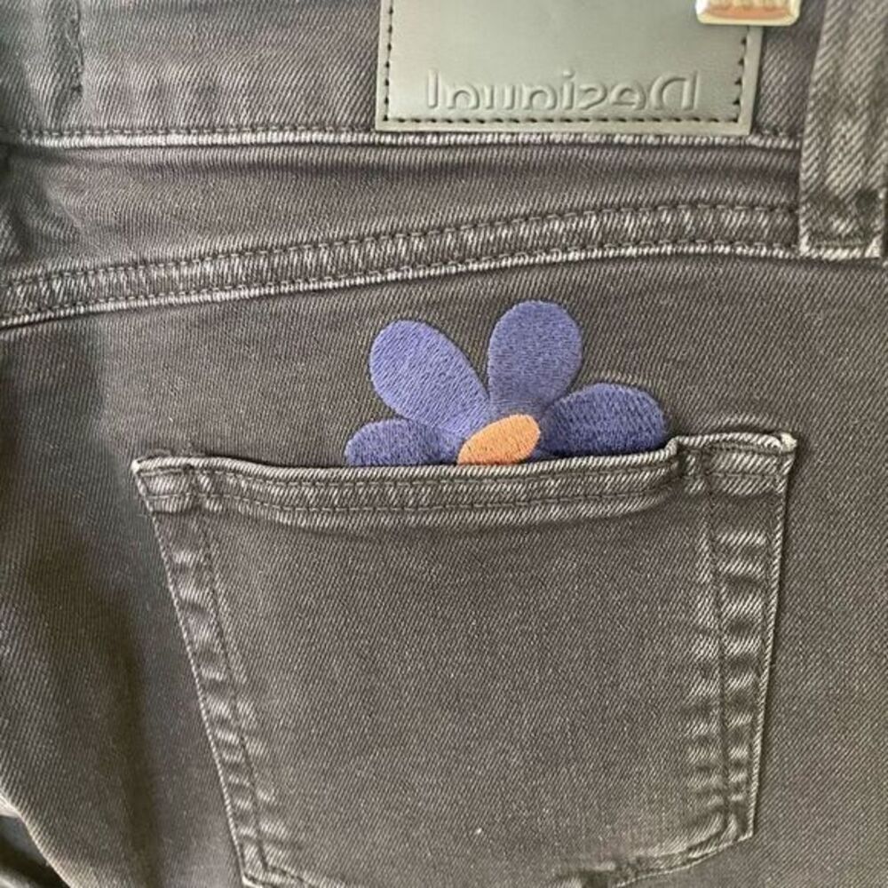 Desigual Black Jeans with Embroidered Purple Daisy